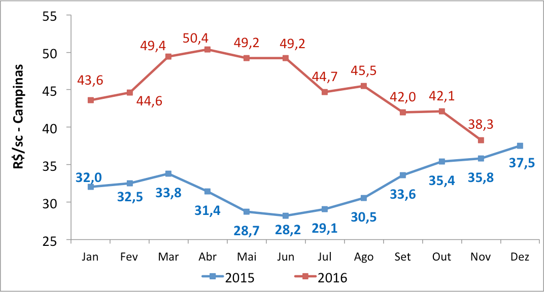 Preços de milho - 2015 x 16 (Campinas – R$/saca)
